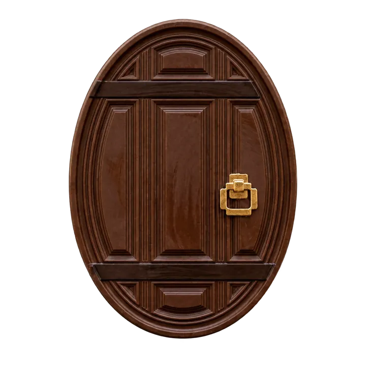 Una puerta ovalada de madera con herrajes de hierro