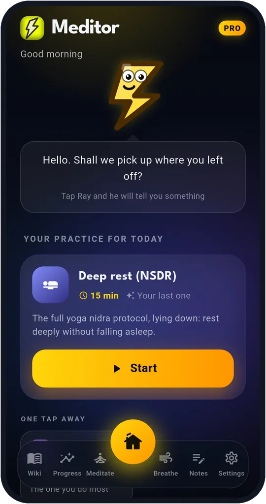 The home screen, with Ray and today's practice